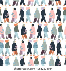 Seamless pattern with walking women. Vector hand drawn illustration.