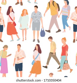 Seamless pattern with walking young people. Men and women in colorful clothes in different poses stand and go about their business. Vector illustration