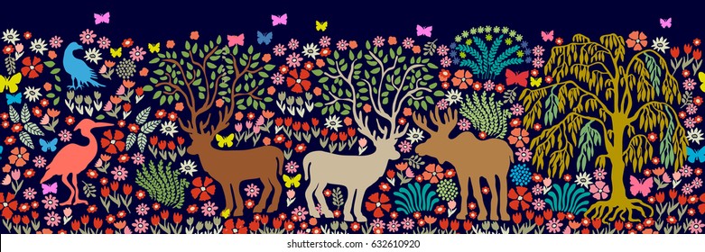 Seamless pattern for wall painting and fresco. Fantasy birds and animals in dark forest. Deers, elk, heron, crane, willow, blooming floral carpet.