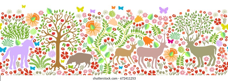 Seamless pattern for wall painting and fresco inspired by folk art. Fantasy animals in the forest. Deer, roe, boar, trees, blooming floral carpet.	
