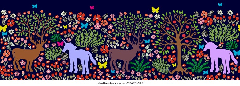 Seamless pattern for wall painting and frescos. Fantasy animals in dark forest. Unicorns, dears, apple tree, blooming floral carpet.