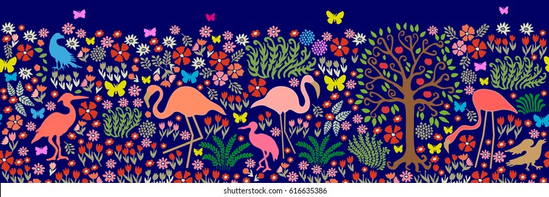 Seamless pattern for wall painting and frescos. Fantasy birds in dark forest. Flamingos, herons, cranes, ducks, apple tree, blooming floral carpet.