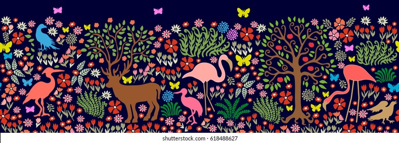 Seamless pattern for wall painting and frescos. Fantasy birds and animals in dark forest. Deeer, flamingos, herons, cranes, ducks, apple tree, blooming floral carpet.