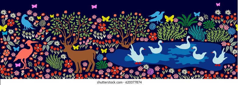 Seamless pattern for wall painting and frescos. Fantasy birds and animals in dark forest. Deer, flamingos, herons, cranes, ducks, swans, blooming floral carpet.