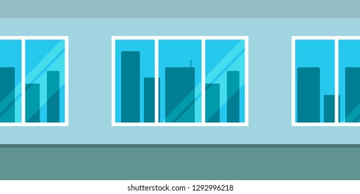 Seamless pattern of wall with windows overlooking the skyscrapers. Vector illustration.