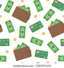 Seamless pattern with wallet, green paper banknotes, coins and credit cards. Money, finance texture. Vector flat illustration isolated on white background