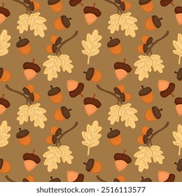 Seamless pattern or wallpaper with acorn branch on brown background. Autumn theme branch and nut acorn