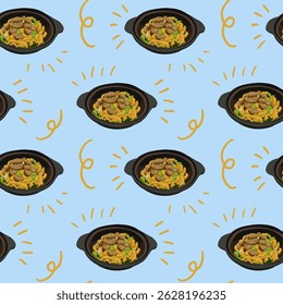 Seamless Pattern Wallpaper Background Delicious Bowl of Kwetiau with Meat Toppings in Artistic Style
