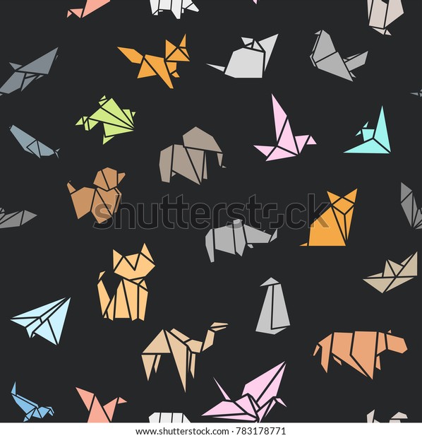 シームレスなパターンの壁紙の背景に折り紙の折り畳み 紙の動物の形 鳥 鶴 猫 犬 サイ キツネ ネズミ ゾウ のベクター画像素材 ロイヤリティフリー