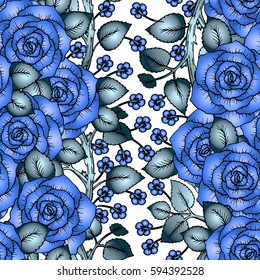 Seamless pattern wallpaper with blue flowers, soft blue roses with gradients, perfect for invitation or greeting cards, wedding card decoration or in textile design