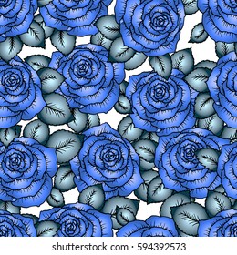 Seamless pattern wallpaper with blue flowers, soft blue roses with gradients, perfect for invitation or greeting cards, wedding card decoration or in textile design