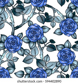 Seamless pattern wallpaper with blue flowers, soft blue roses with gradients, perfect for invitation or greeting cards, wedding card decoration or in textile design