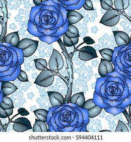 Seamless pattern wallpaper with blue flowers, soft blue roses with gradients, perfect for invitation or greeting cards, wedding card decoration or in textile design