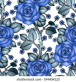 Seamless pattern wallpaper with blue flowers, soft blue roses with gradients, perfect for invitation or greeting cards, wedding card decoration or in textile design