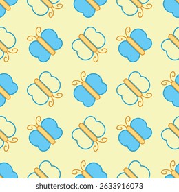 Papel de parede de padrão contínuo com borboletas ou mariposas azuis e amarelas voando em movimento simétrico. Perfeito para papéis de parede de crianças, banners de jardim de infância, texturas de roupas, adesivos. EPS 10.