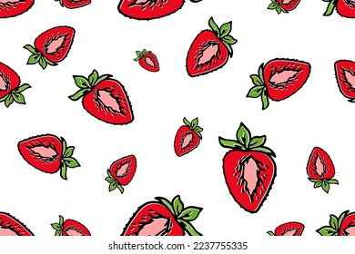 Seamless pattern, wallpaper bright red strawberry on white background.