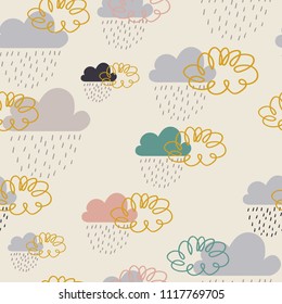 Seamless pattern wallpaper with clouds on light grey background. Great for fabric, textile design, wall decor, wallpapers, pillowcase design.