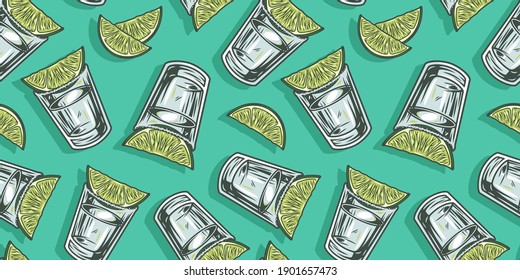 Nahtlose Muster-Tapete mit Tequila und Limette für Bar-Alkohol-Menü-Design