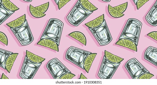 Seamless pattern wallpaper of cocktail with tequila and lime for bar alcohol menu design