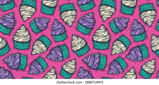 Seamless pattern wallpaper with cupcake illustration, colored cream cake muffin birthday dessert