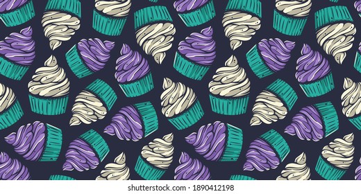 Papel de pared de patrón sin inconvenientes con ilustración de quequitos, postre de cumpleaños muffin de pastel crema de color