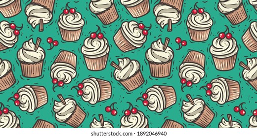 Seamless pattern wallpaper cupcake illustration, colored cream cake muffin birthday dessert