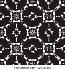 Seamless pattern. Wallpaper decorative ornament with a insects. Tile work, textile print composition, hand drawn style print. Vector black and white illustration.