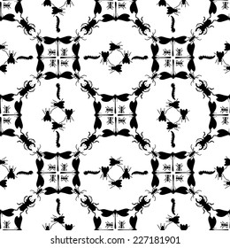 Seamless pattern. Wallpaper decorative ornament with a insects. Tile work, textile print composition, hand drawn style print. Vector black and white illustration.
