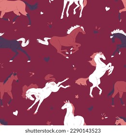 Seamless pattern or wallpaper design with running horses on dark red background, flat vector illustration. Textile decor and seamless print with horses.