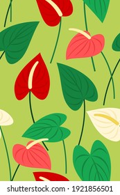 Papel de fondo del patrón sin foco de flores y hojas de flamenco para el fondo de la planta tropical.
