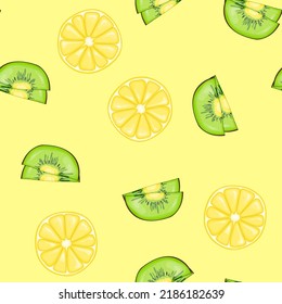 Seamless pattern for wallpaper or gift paper with kiwi and citruses on a yellow background. Cute cartoon style. Vector illustration.