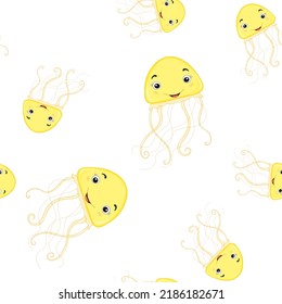 Seamless pattern for wallpaper or gift paper with jellyfish on a white background. Cute cartoon style. Vector illustration