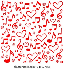 Seamless pattern wallpaper of heart and musical notes. Vector Illustration 
