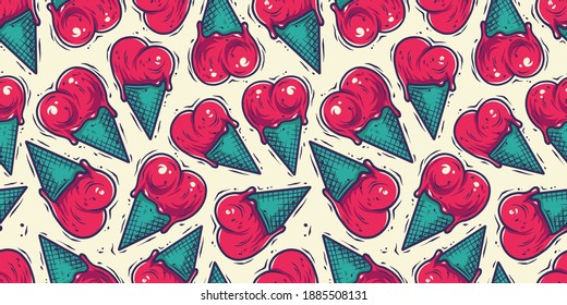 Seamless pattern wallpaper with ice cream cone like heart. Colored vector silhouette for the Valentines Day love holiday.