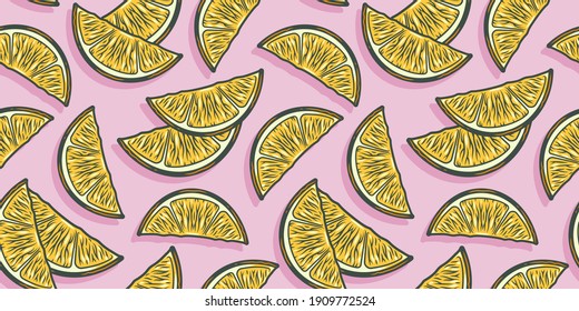 Seamless pattern wallpaper with lime, lemon and orange fruit, juicy fresh summer bar