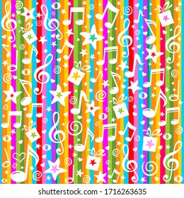 Seamless pattern wallpaper of musical notes, gift box, stars.  Music pattern with icons and pictograms . Music festival. Colorful music background. Vector Illustration