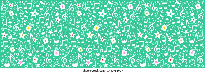 Seamless Pattern wallpaper of musical notes, gift box, stars. Music festival. Pattern for greetings card, invitation, poster, banner, calendar. Horizontal card format for web banner or header. Vector