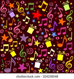Seamless pattern wallpaper of musical notes, gift box, stars. Vector Illustration