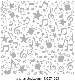 Seamless pattern wallpaper of musical notes, gift box, stars. Vector Illustration