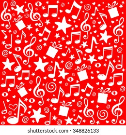 Seamless pattern wallpaper of musical notes, gift box, stars. Vector Illustration