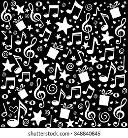 Seamless pattern wallpaper of musical notes, gift box, stars. Vector Illustration