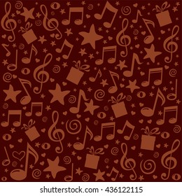 Seamless pattern wallpaper of musical notes, gift box, stars. Vector Illustration