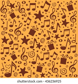 Seamless pattern wallpaper of musical notes, gift box, stars. Vector Illustration
