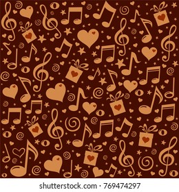 Seamless pattern wallpaper of musical notes, gift box, heart, stars. Vector Illustration