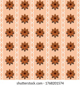 Seamless pattern, wallpaper, with orange flowers, on a pink background, with small white circles on the background and dividing white stripes. Suitable for wallpaper on walls for industrial production