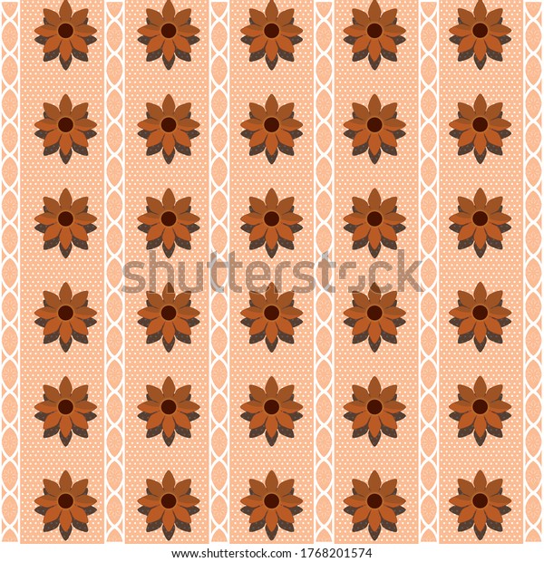 Seamless pattern, wallpaper, with orange\
flowers, on a pink background, with small white circles on the\
background and dividing white stripes. Suitable for wallpaper on\
walls for industrial\
production