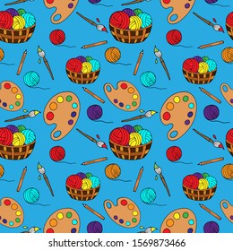 seamless pattern, wallpaper ornament, artist's things, paints, threads