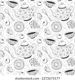 Papel pintado de diseño inmaculado adorno de doodle desayuno dulce sobre fondo blanco. Copa, donut, tetera, pastel, doodle de cuchara. Dibujo manual de imágenes vectoriales en blanco y negro.
