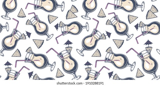 Seamless pattern wallpaper of pina colada with umbrella pineapple and straw for bar alcohol menu design