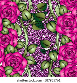 Seamless pattern wallpaper with pink flowers, bright magenta roses with gradients, perfect for invitation or greeting cards, wedding card decoration or in textile design